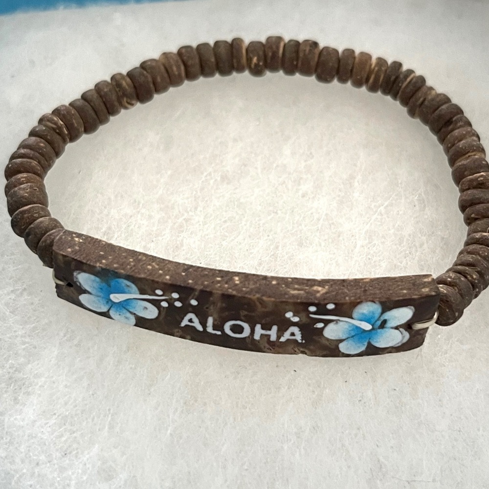 Aloha Hawaiian Coconut Shell Wood Bead Stretch Bracelet Blue Hibiscus‎ Tropical